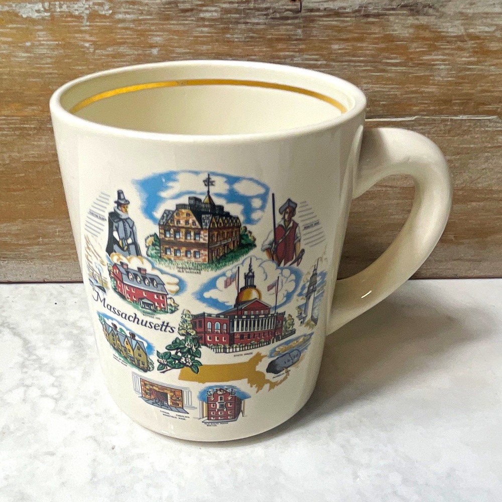 Conrad Crafters Massachusetts Pictorial White Ceramic Mug Gold Rim 12 fl oz